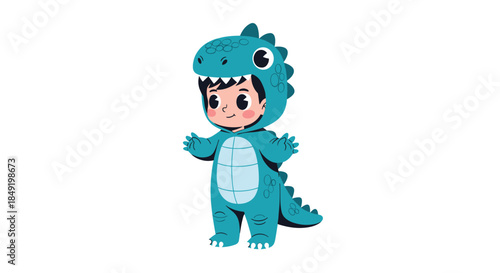 An adorable cartoon child wearing a cute green dinosaur costume, ready for a Halloween or costume party celebration.