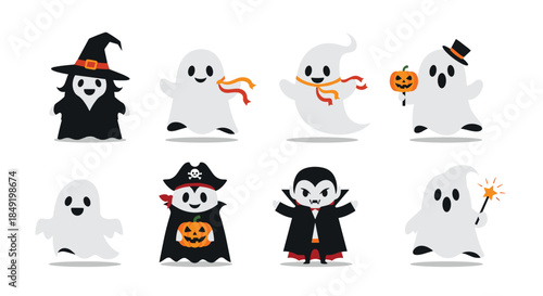 A cute collection of eight cartoon ghosts dressed in various Halloween costumes like a witch, vampire, and pirate.