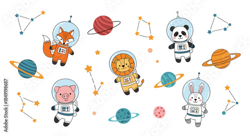 An adorable collection of cute animal astronauts, including a fox, panda, and lion, floating in space with planets and stars.