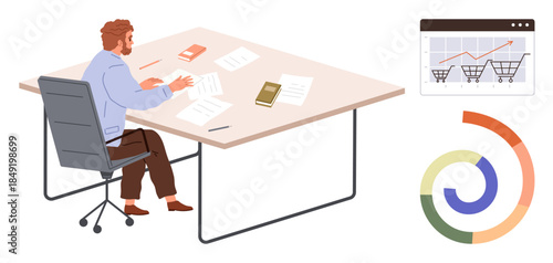 Male professional analyzing documents at a desk with laptop, charts, and analytics to assess performance. Ideal for business, strategy, data, planning, management research productivity. Simple flat