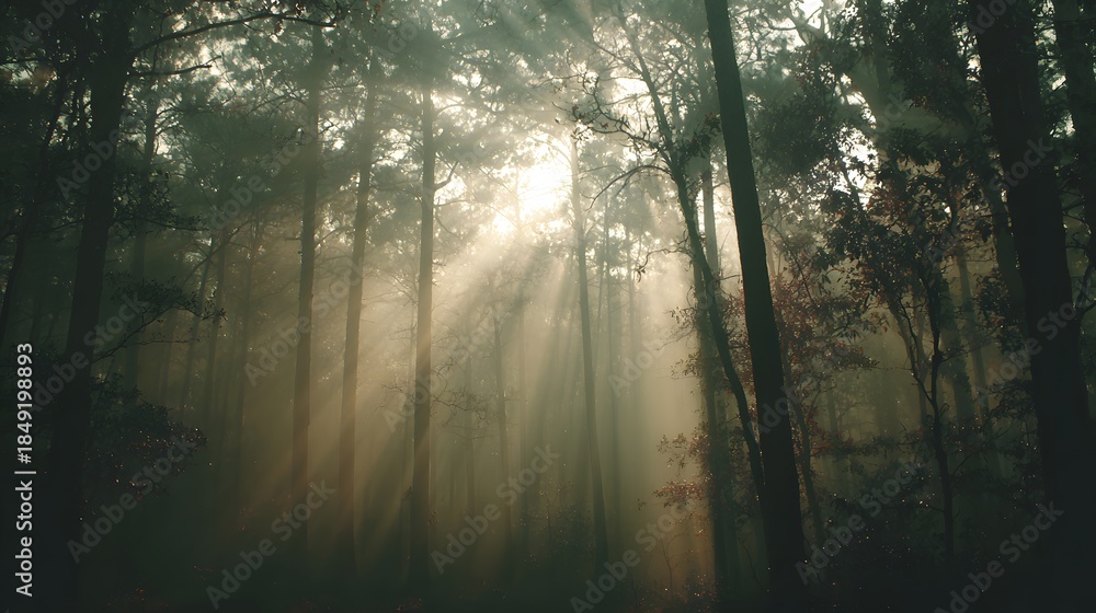 Fototapeta premium Sunlight Streaming Through Forest Canopy Creates Magical Atmosphere, Natures Beauty.