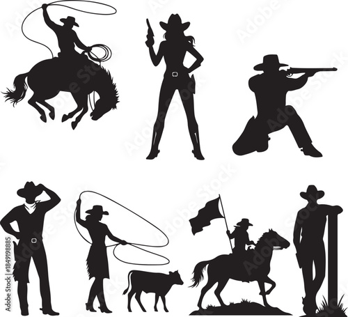 Western Cowboy Silhouettes Action Posing Rodeo Horseback