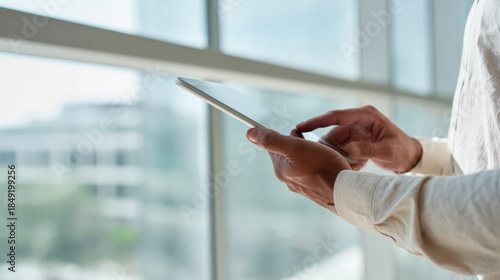 Male hands using tablet in modern workspace in front of the window during daylight hours. Engagement concept. Cropped composition. Business concept.