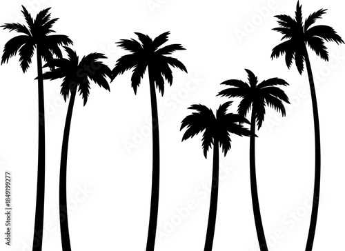 diverse tree silhouettes vector illustration, featuring pine trees, oak trees, and various deciduous and evergreen forest species for landscaping and graphic design.