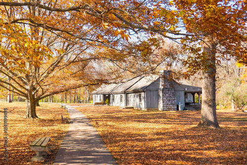 Walking path at the Hermitage with autumn colors, sunshine, and cabins