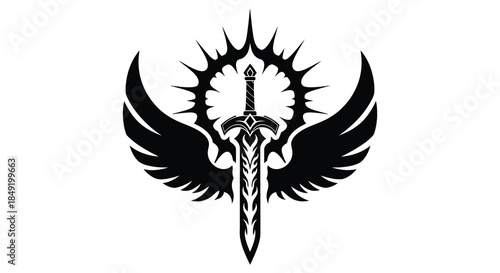 A dramatic black winged sword design featuring a halo like element and striking silhouette