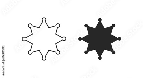 Pair of western sheriff star badges one outlined and one solid in a stark design silhouette
