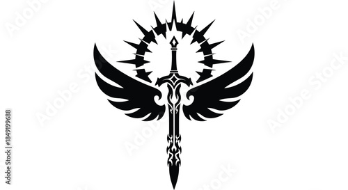 A dramatic black and white winged sword emblem design showcasing a striking silhouette