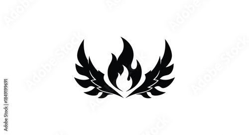 A striking black emblem resembling stylized flames and wings a dramatic visual silhouette