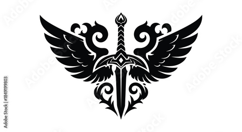 A striking black emblem featuring winged design with a central sword a bold silhouette