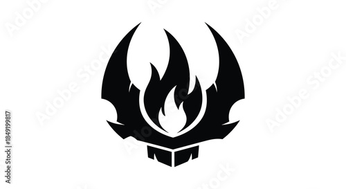 A striking black and white emblem featuring a flame design with a bold silhouette