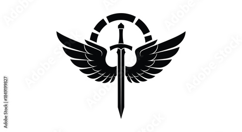 A striking emblem featuring a sword wings and a circular halo all rendered as a silhouette