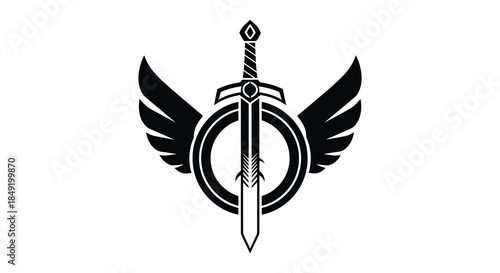 A striking emblem featuring a winged sword design within a circular frame a bold silhouette