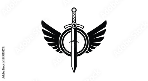 A striking black emblem featuring a winged sword within a circular design a bold silhouette