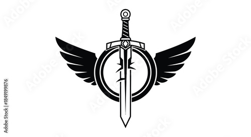 A striking emblem featuring a winged sword within a circular frame a powerful silhouette
