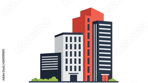 A modern architectural illustration depicting a cluster of stylized skyscrapers against a plain background