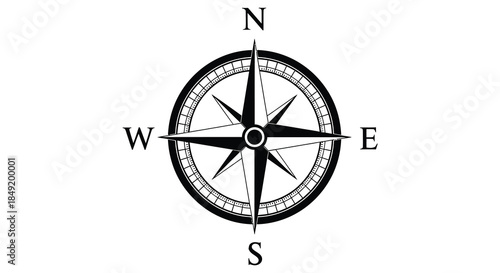 A detailed compass rose illustration displaying cardinal directions a navigational tool in black silhouette