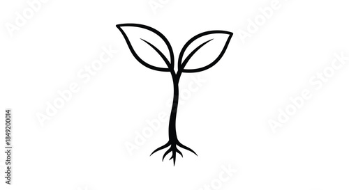 A simple black and white illustration of a budding plant with visible roots silhouette