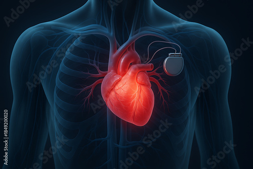Medical 3D illustration of human heart anatomy with implanted pacemaker device inside transparent chest view