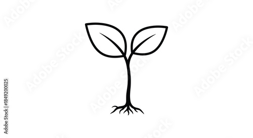 a simple black line drawing of a seedling with roots and two leaves silhouette