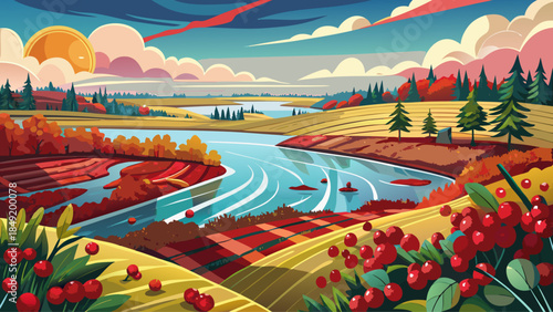 Very beautiful view of a Wisconsin cranberry marsh during fall harvest, featuring flooded fields, red berries, agricultural patterns, and a unique seasonal farming landscape under open skies.