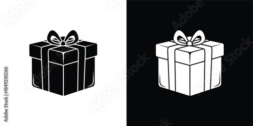 Stylized 3D Gift Box Icon Set, Black and White Present Silhouettes with Elegant Ribbon Bow