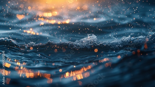 Sparkling golden light on a dark blue ocean wave. Close-up of shimmering water with a bokeh effect at sunset. Abstract nature background