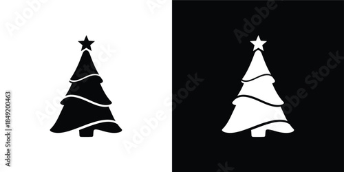 Stylized Christmas Tree Silhouette with Star, Black and White Festive Pine Icons for Holiday Design