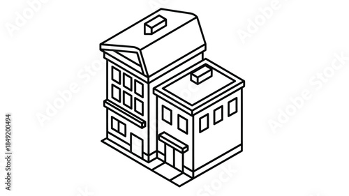 An isometric illustration of a simple two story building with a peaked roof and basic architectural features