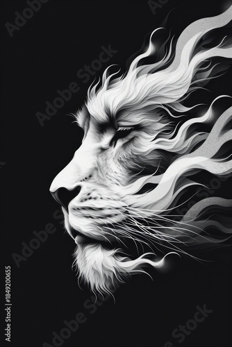 Abstract black and white illustration of a lion's head in profile. Fantasy art with a mane of flowing smoke. Concept of power, strength, and spirit