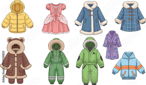Cartoon children’s winter clothing set with jackets, coats, snowsuits, dress, robe, colorful styles, flat vector illustration
