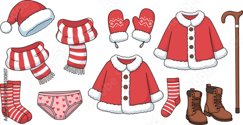 Cartoon Christmas clothing set with red coats, Santa hat, striped socks, mittens, boots, festive accessories, flat vector illustration