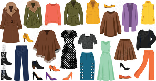 Cartoon fashion wardrobe set with coats, dresses, tops, pants, shoes, colorful styles and patterns, flat vector illustration