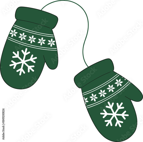 Cartoon green winter mittens with snowflake pattern and connecting string, festive holiday accessory, flat vector illustration