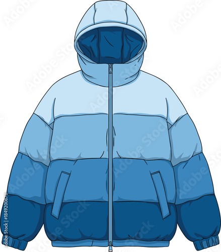 Cartoon puffer jacket with hood in blue gradient, quilted winter outerwear design, flat vector illustration