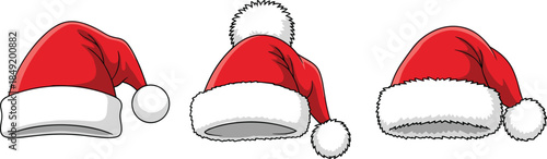 Cartoon Santa hat set with fluffy trim and pom-poms, festive holiday accessory variations, flat vector illustration