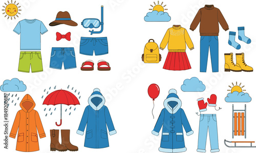 Cartoon seasonal clothing and accessory set for sunny, rainy, autumn, and winter weather, flat vector illustration