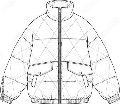Technical fashion illustration of quilted puffer jacket with high collar, flap pockets, zipper front, flat vector line art
