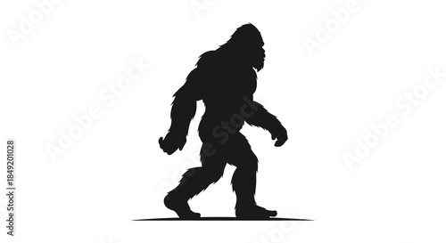 A striking black shape depicts a large walking primate in a dynamic pose silhouette