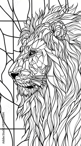 A decorative line art illustration of a lion's head in profile. Vertical black and white drawing with a stained glass and mosaic pattern