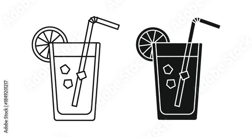 Two refreshing drinks with lemon slices and straws depicted in outline and silhouette