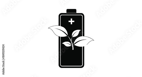 A green battery icon with sprouting leaves symbolizes sustainable energy and growth silhouette