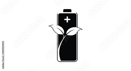 A black battery icon with a green sprout growing from it representing eco energy silhouette