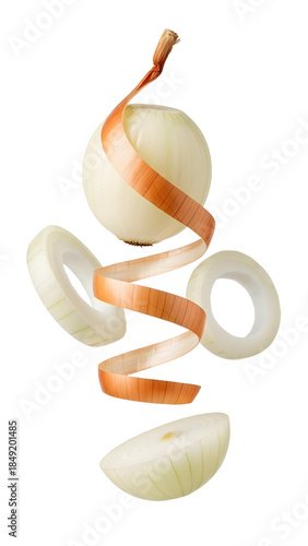 Floating peeled and sliced white onion rings with skin spiral, isolated on white background, perfect for cooking and recipe illustrations