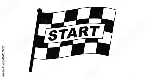 A checkered flag with the word start prominently displayed a bold racing silhouette