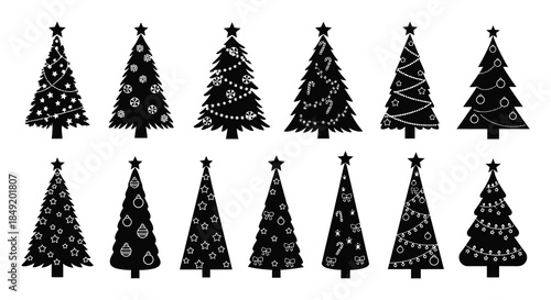 A collection of decorated christmas trees in various shapes and sizes a striking silhouette