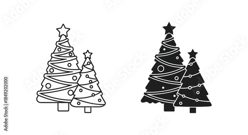 Two beautifully decorated christmas trees in black and white a festive holiday silhouette