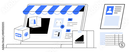 E-commerce concept. E-commerce symbols including storefront, digital shopping cart, and product delivery. E-commerce drives business growth and supports online retail sales. For retail, delivery