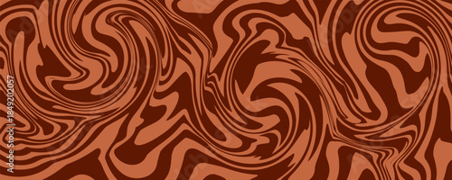 Retro coffee color background. Milk chocolate liquid dessert texture. Wavy swirl candy pattern for poster, cover, banner, pamphlet. Vintage brown trippy hippie wallpaper in 60s or 70s style. Vector