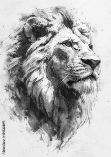 Majestic lion head portrait in a black and white sketch style. Detailed charcoal drawing of a powerful wild animal. Artistic wildlife illustration with an intense expression